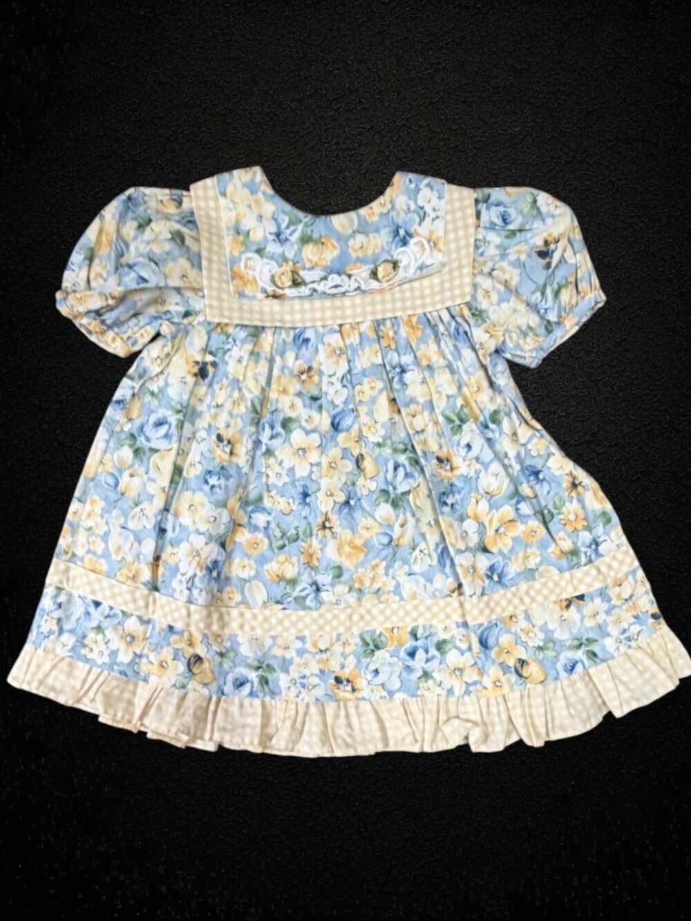 Vintage Rare Editions Blue Yellow Floral Gingham Bib Yoke Dress 2T Cottagecore